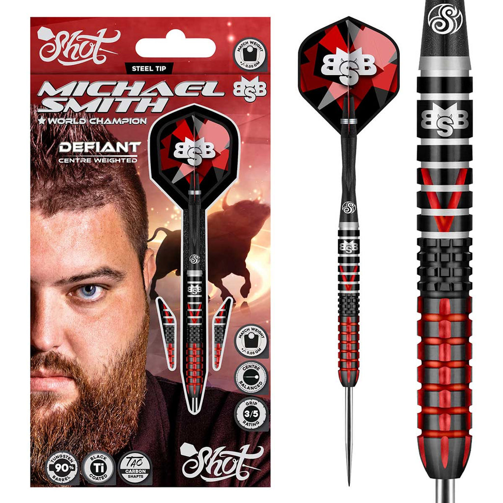 Michael Smith Defiant Steel Tip Dart Set - 90% Tungsten Centre Weighted